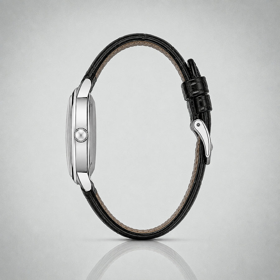 1957 Mid Century watch from London, England — EPOCH (case detail) — architectural view