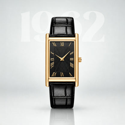 1962 gold Art Deco tank watch, black guilloche dial with gold Roman numerals on a black leather strap
