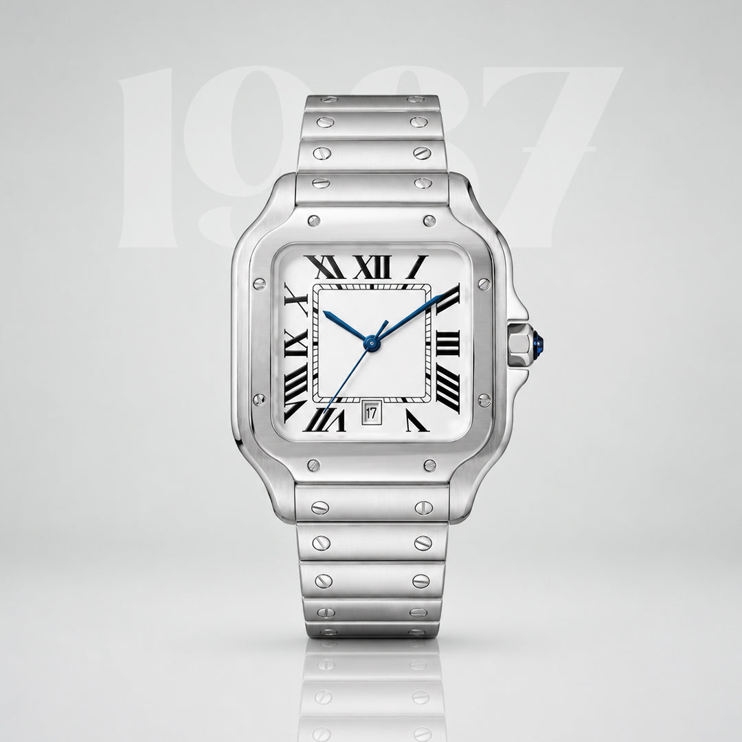 EPOCH 1987 Santos, stainless steel square watch with white Roman dial and blue hands