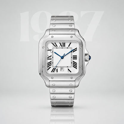 EPOCH 1987 Santos, stainless steel square watch with white Roman dial and blue hands