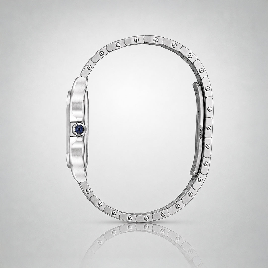 EPOCH 1987 Santos, stainless steel square watch with white Roman dial and blue hands