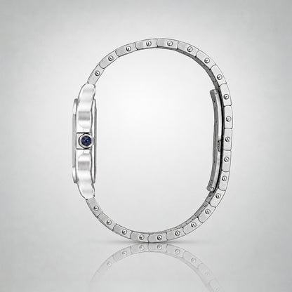EPOCH 1987 Santos, stainless steel square watch with white Roman dial and blue hands
