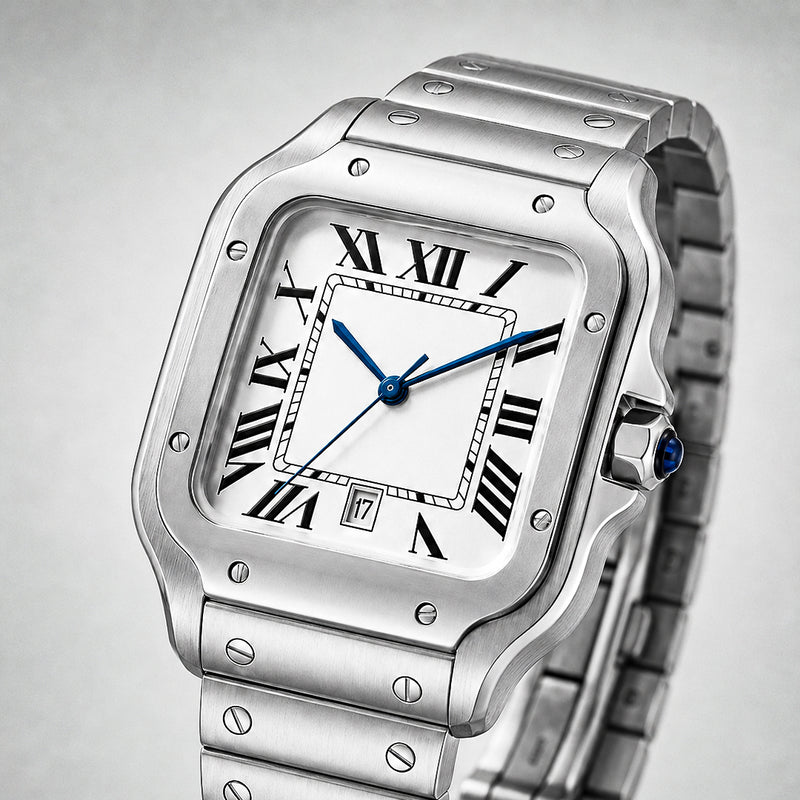 EPOCH 1987 Santos, stainless steel square watch with white Roman dial and blue hands