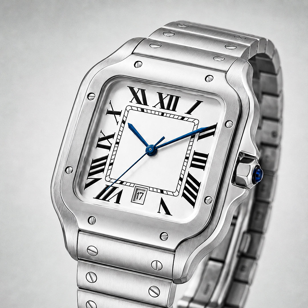 EPOCH 1987 Santos, stainless steel square watch with white Roman dial and blue hands
