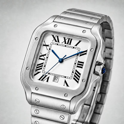 EPOCH 1987 Santos, stainless steel square watch with white Roman dial and blue hands