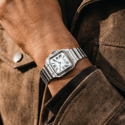 EPOCH 1987 Santos, stainless steel square watch with white Roman dial and blue hands