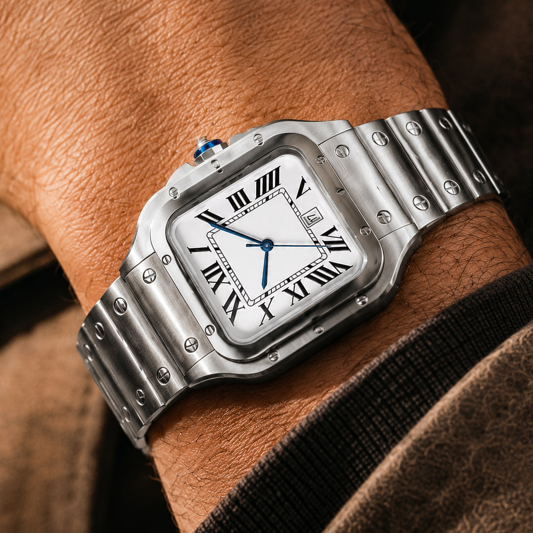 EPOCH 1987 Santos, stainless steel square watch with white Roman dial and blue hands