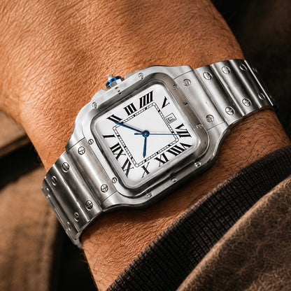 EPOCH 1987 Santos, stainless steel square watch with white Roman dial and blue hands