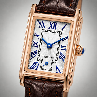 Close-up of the 1927 silver guilloche dial, blue Roman numerals and small seconds sub-dial